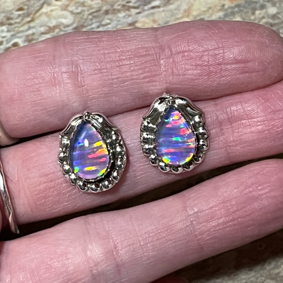 Sterling Silver Southwestern Style Stud Earrings With Colorful Cabochon - Picture 4 of 15